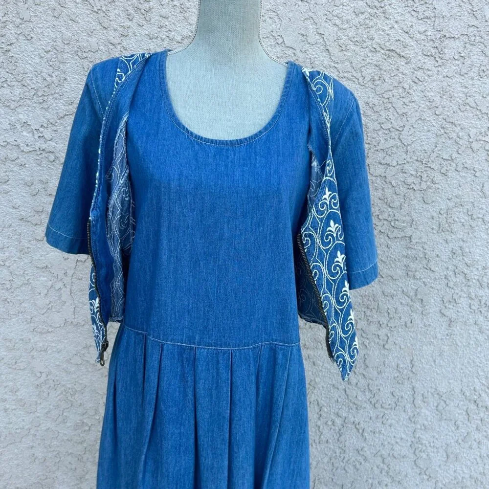 Vintage 90s Chambray Denim Prairie Dress with Vest and Tie Back - Size 16